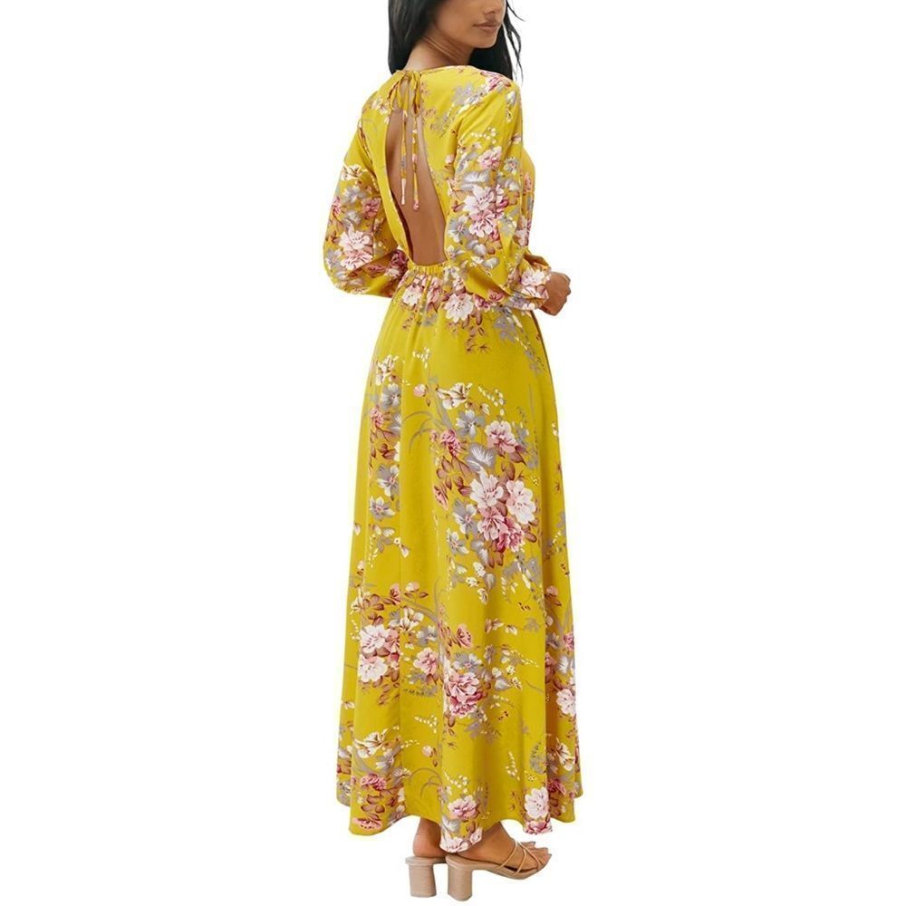 OUGES Women Boho Floral Print Long Puff Sleeve Backless Maxi Dress